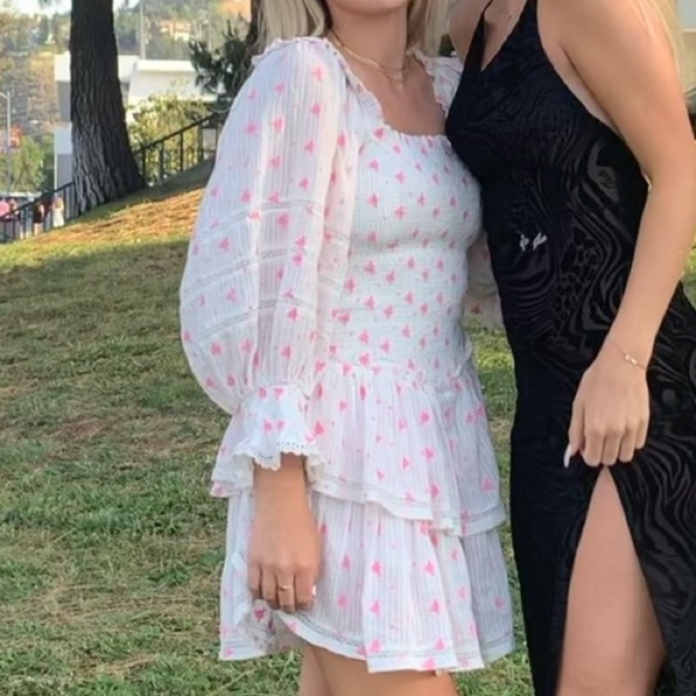 LoveShackFancy White Dress with Pink Embroidered Flowers